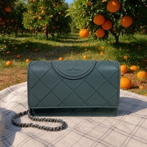 NEW Tory Burch Soft Fleming Blue Clay Chain Wallet/Crossbody Bag/Clutch